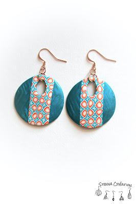 Boucles oreilles pâte polymère canne géométrique Mica Shift turquoise corail blanc Sculpey Cernit Fimo Stenna