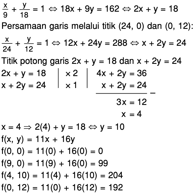 Perhatikan gambar berikut! Nilai maksimum fungsi tujuan f(x, y) = 11x