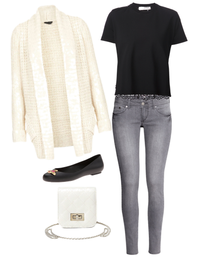 look vaquero gris, blusa negra de encaje, chaqueta de punto blanca, bailarinas negras y mini bolso de cadena