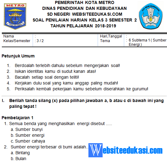 Soal PH / UH Kelas 3 Tema 6 Subtema 1 K13 Revisi 2018