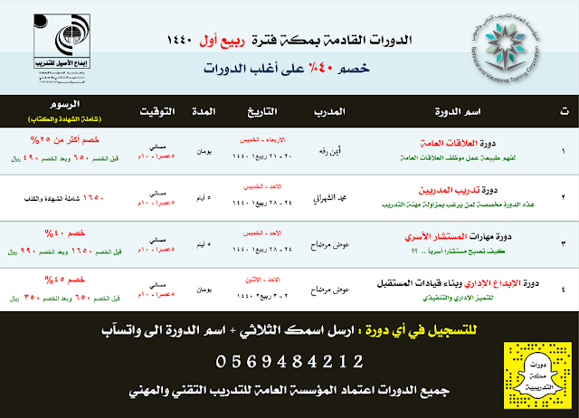 جدول الدورات التدريبية القادمة بمكة فترة (ربيع أول) 1440 (تحديث مستمر)