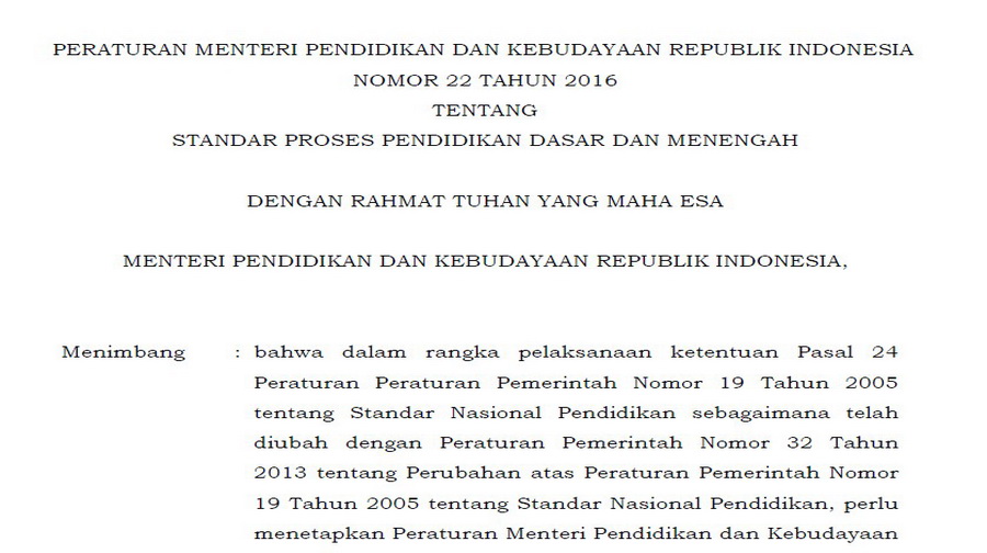 Permendikbud No 22 Tahun 2016 Standar Proses Pendidikan Dasar Dan Menengah Pedia Pendidikan