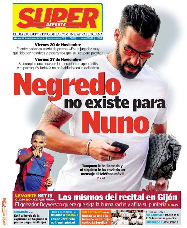 Valencia, Superdeporte: "Negredo no existe para Nuno"