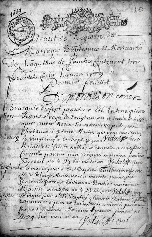 registre d’état civil de Léguillac de l’Auche en 1689. neyssensac neyssansat