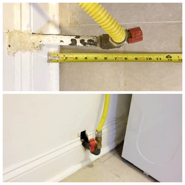 laundry room gas pipe before and after