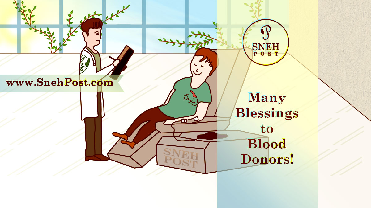 Cartoon illustration of a doctor reporting about a boy donating blood laying on a resting chair on National Blood Donation Day