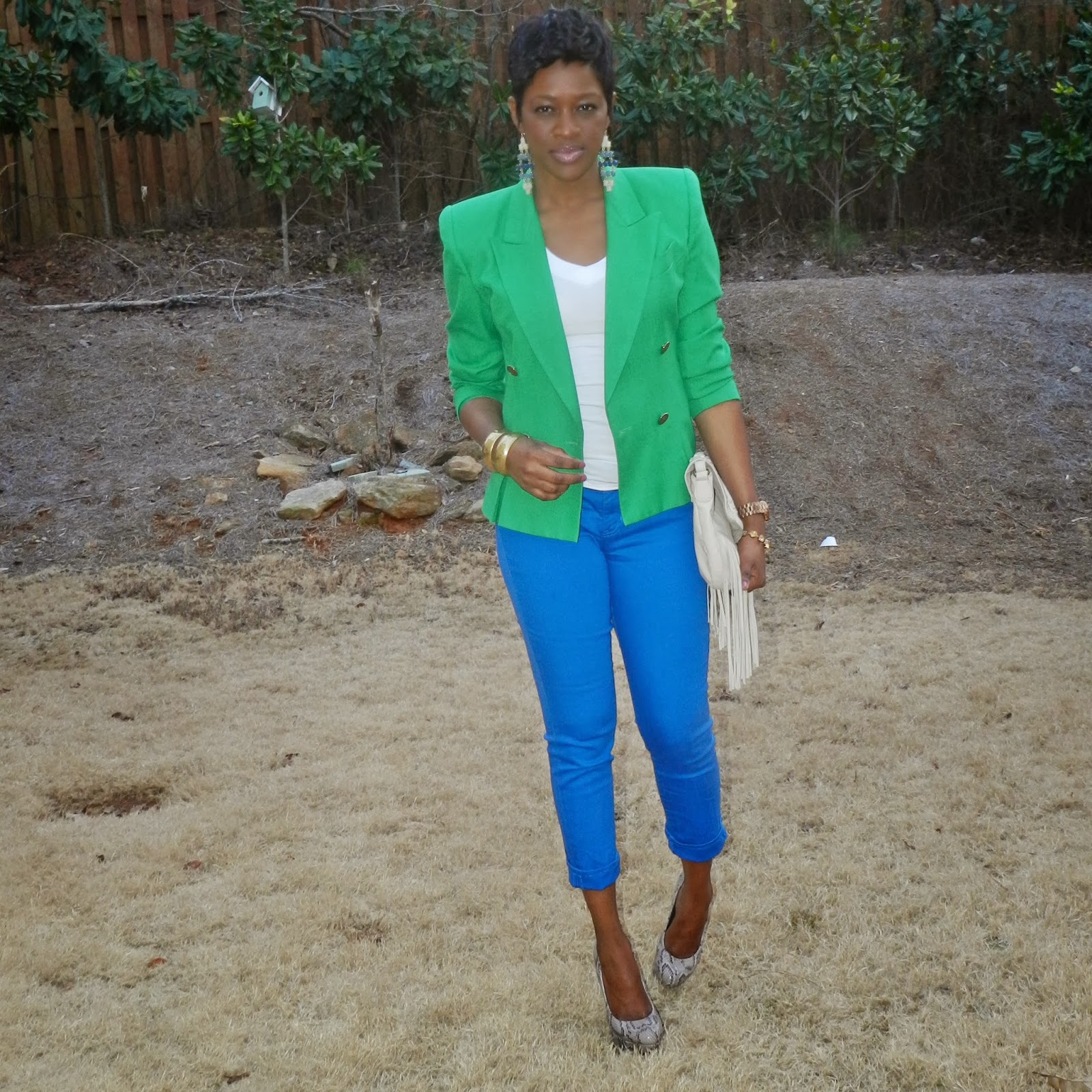 Two Stylish Kays: Thrifted Trends: Green Blazer and Cobalt Blue Jeans