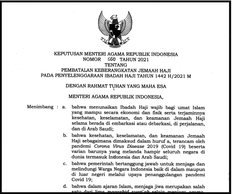 Kma Nomor 660 Tahun 2021 Tentang Pembatalan Keberangkatan Jemaah Haji Tahun 1442 H 2021 M