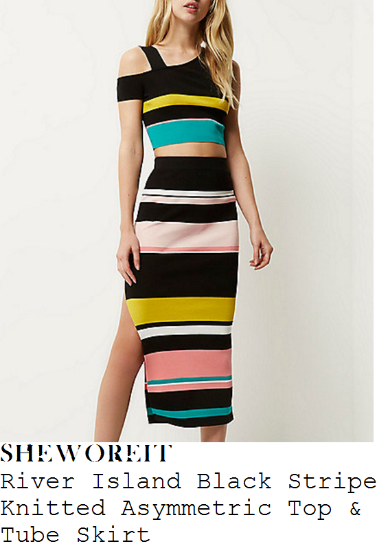 kate-wright-river-island-black-yellow-green-pink-and-white-colour-block-stripe-asymmetric-knitted-crop-top-and-tube-midi-skirt