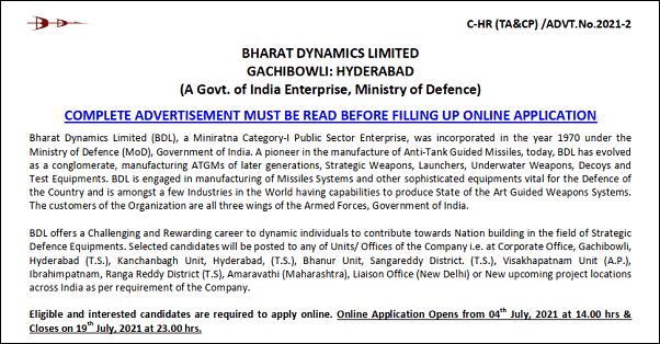Bharat Dynamics Limited (BDL) Management Trainee and Other Posts Recruitment 2021