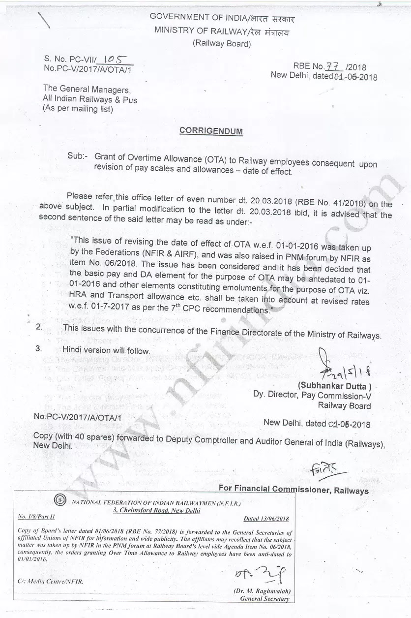 7th CPC Overtime Allowance: Railway Board’s clarification on calculation- Revised Basic Pay & DA from 01.01.2016 and revised HRA & Tpt A from 01.07.2017