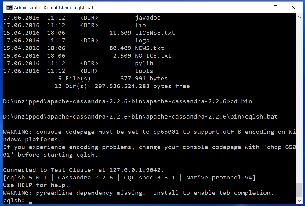 Скриншот программы Apache Cassandra. Cqlsh.