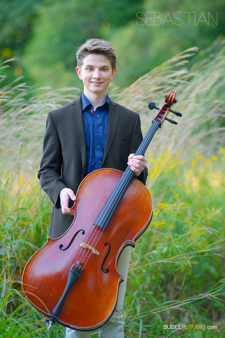 Huron High School Guys Senior Portrait with Musical Instrument Ann