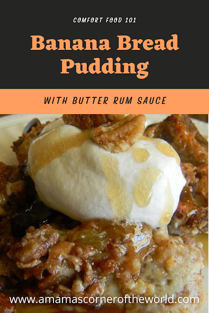 Pinnable Image for Banana Bread Pudding with Butter Rum Sauce