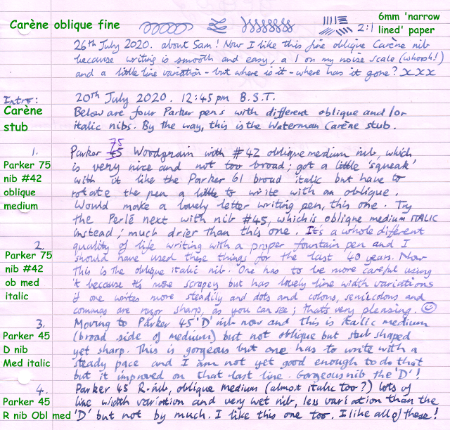 Four (now 5) Parker oblique / italic nibs, plus Carène stub and oblique fine writing samples