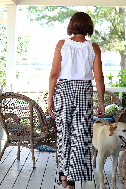 Mood Fabrics' gingham cotton stretch twill made into McCall's 7445 - back view