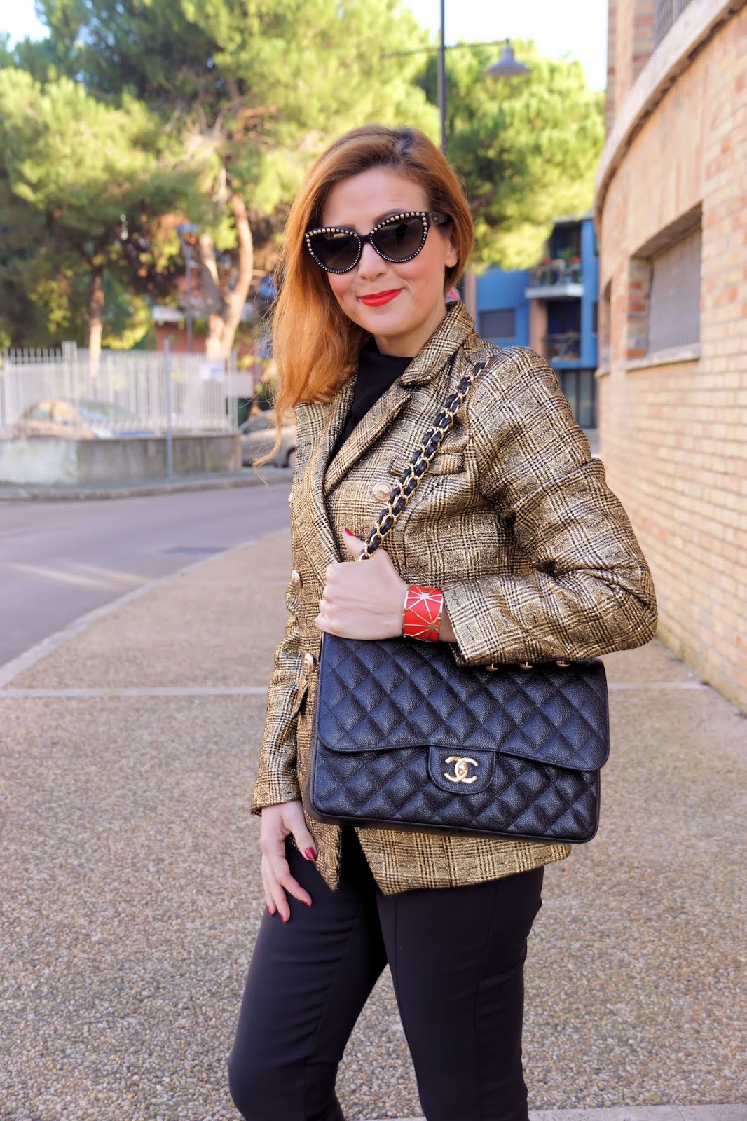 golden outfit with a golden blazer, new Le Silla boots and my Les Georgettes by Altesse cuff bracelet on Fashion and Cookies fashion blog, fashion blogger