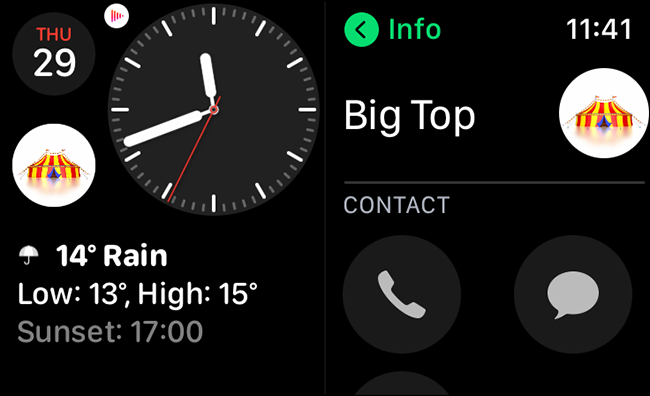 تم تعيين اختصار جهة اتصال كإحدى المضاعفات على Apple Watch.