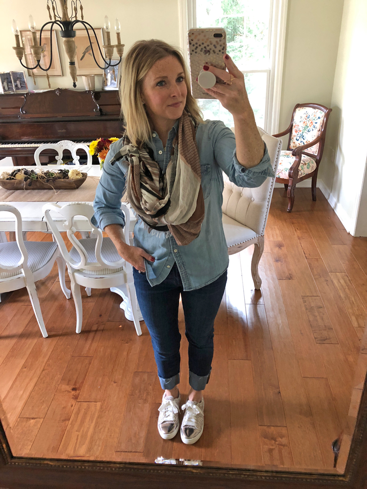 chambray shirt with cuffed jeans and leopard sneakers