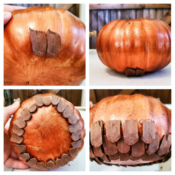 glue pinecone scales around pumpkin
