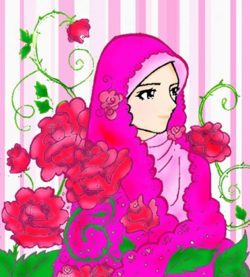 14 Kartun Muslimah Imut Membawa Bunga Anak Cemerlang Mawar Gambar