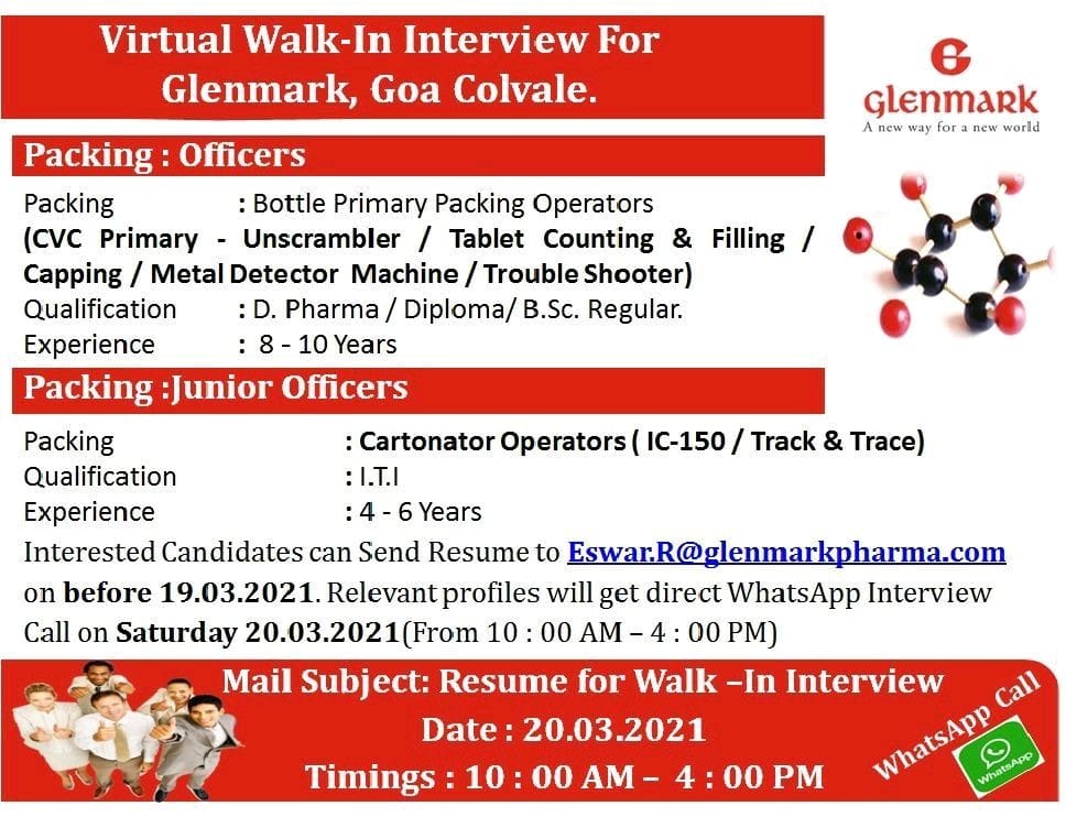 Glenmark Pharma Goa jobs for Packing Officer apply