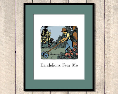 framed illustration of man pushing a lawnmower with text 
