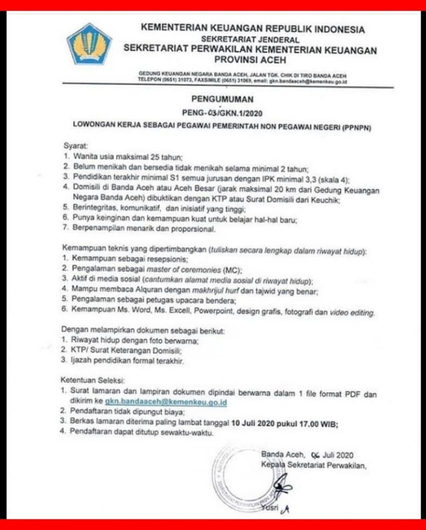 Lowongan Kerja S1 di Kementerian Keuangan RI Aceh Juli 2020