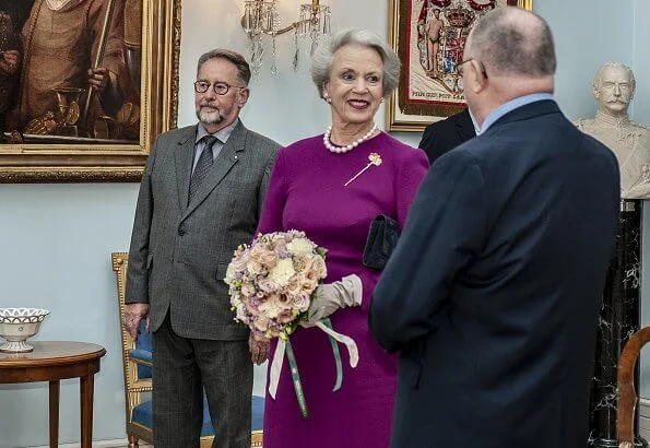 Danish Order of Freemasons. Princess Benedikte of Denmark wore a burgundy midi dressi and gold vintage crown trifari bough rhinestone brooch