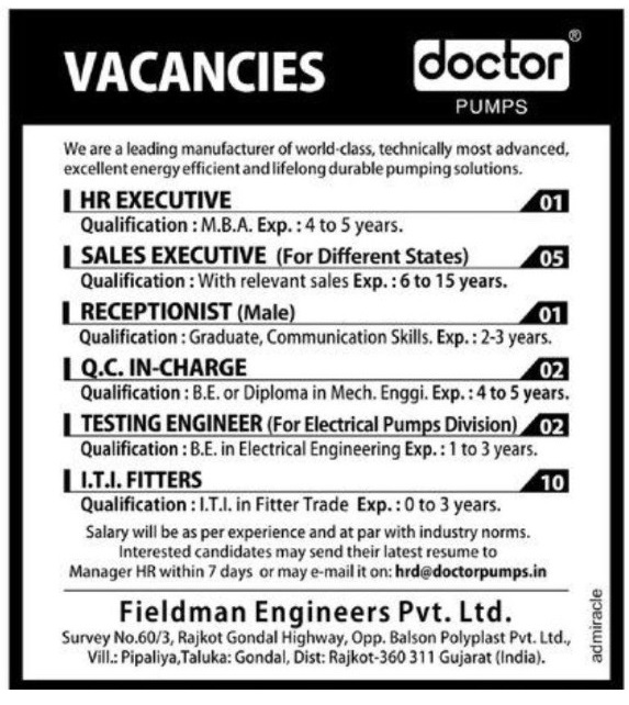 Urgent Openings for Testing Engineer / QCIncharge / ITI Fitters / HR
