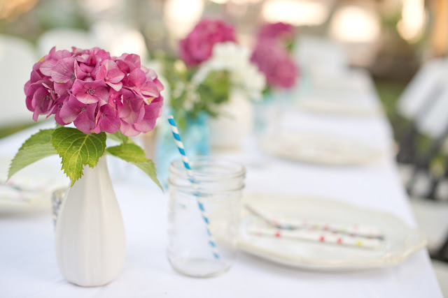 pink hydrangeas and blue canning jars