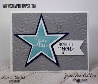 This Graduation/Proud of You card uses Stampin' Up!'s Morning Star set (it's retiring June 3, 2020!).  The background is the Swirls & Curls embossing folder (also retiring).  I think it's a good Dallas Cowboys card, too!  Check the blog for more info and a video! #StampTherapist #StampinUp
