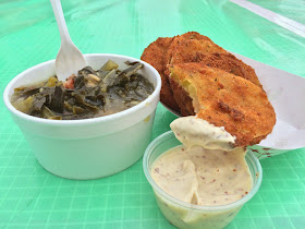 New food vendor, Squeal BBQ's Smoky Bacon Greens and classic Jazz Fest favorite, Fried Green Tomatoes