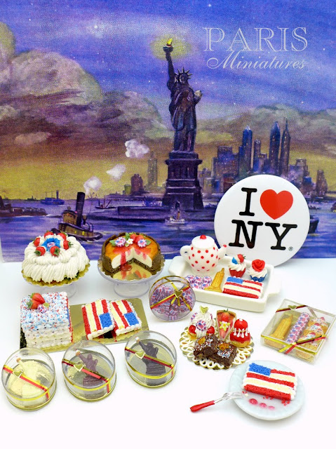 Fourth of July miniature food, cakes, pastries, cookies, candies in 12th scale for dollhouses