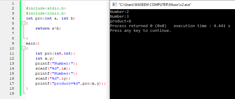 c program to find product of two numbers using functions