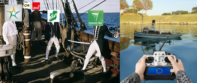 Image shows scene from 'Mutiny on the Bounty' with characters representing Irish political parties - the image alongside it, shows a radio controlled tugboat in a pond, operated by a EU controller