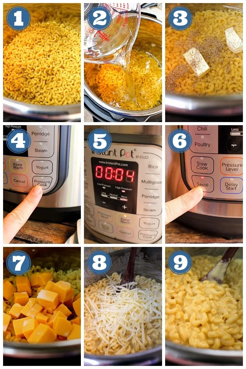 A collage of step by step phots making instant pot macaroni and cheese.