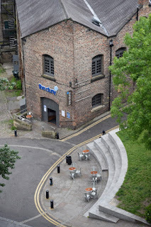Looking down from Byker Bridge to the entrance of The Cluny