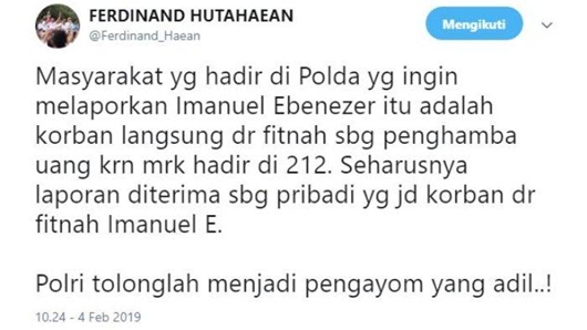 Ferdinand Hutahaean Bandingkan Pelaporan Immanuel Ebenezer dengan Ahmad Dhani: Polri Tolong Adil!