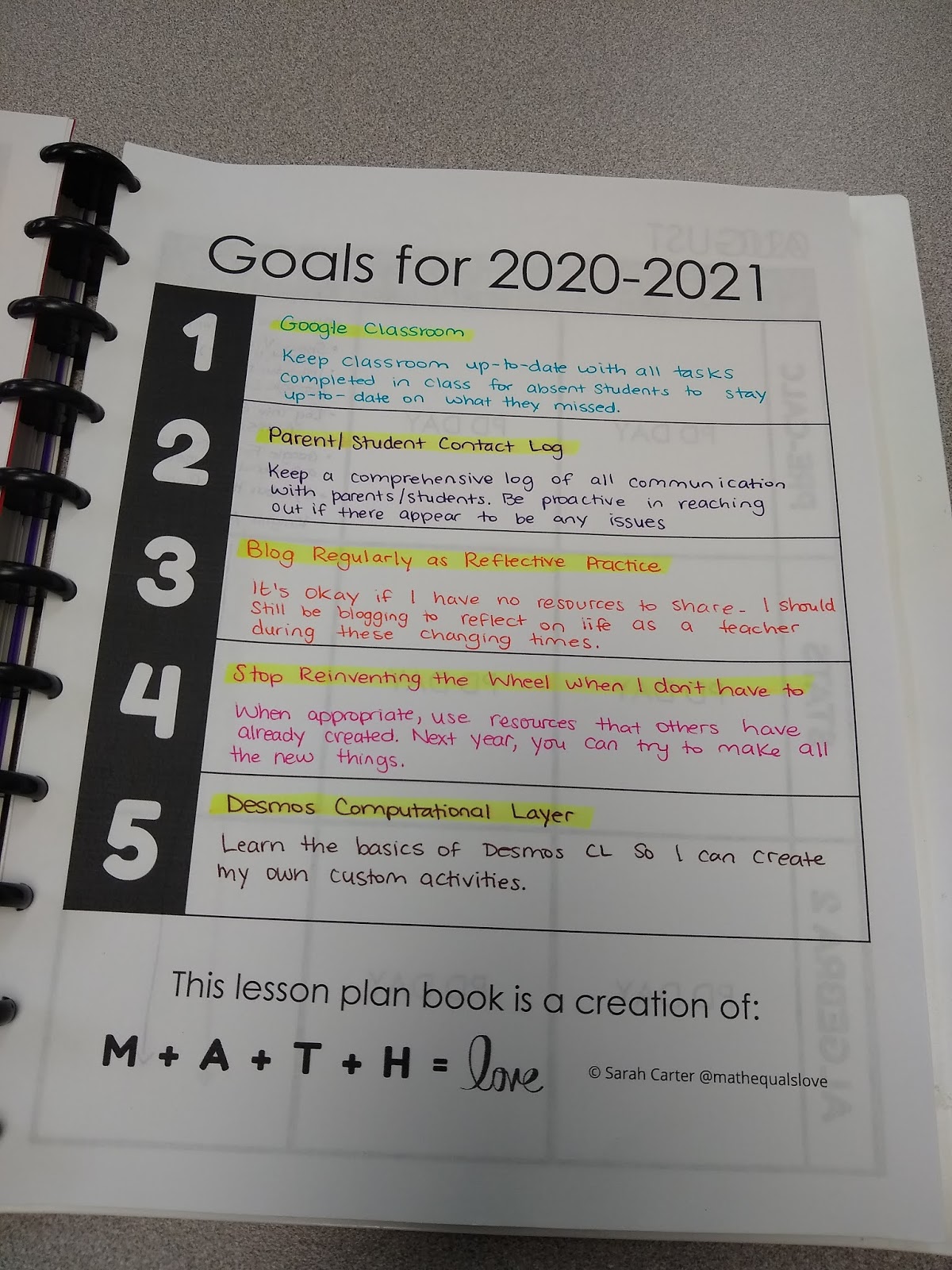 goals for the 2020-2021 school year page in teacher lesson plan book