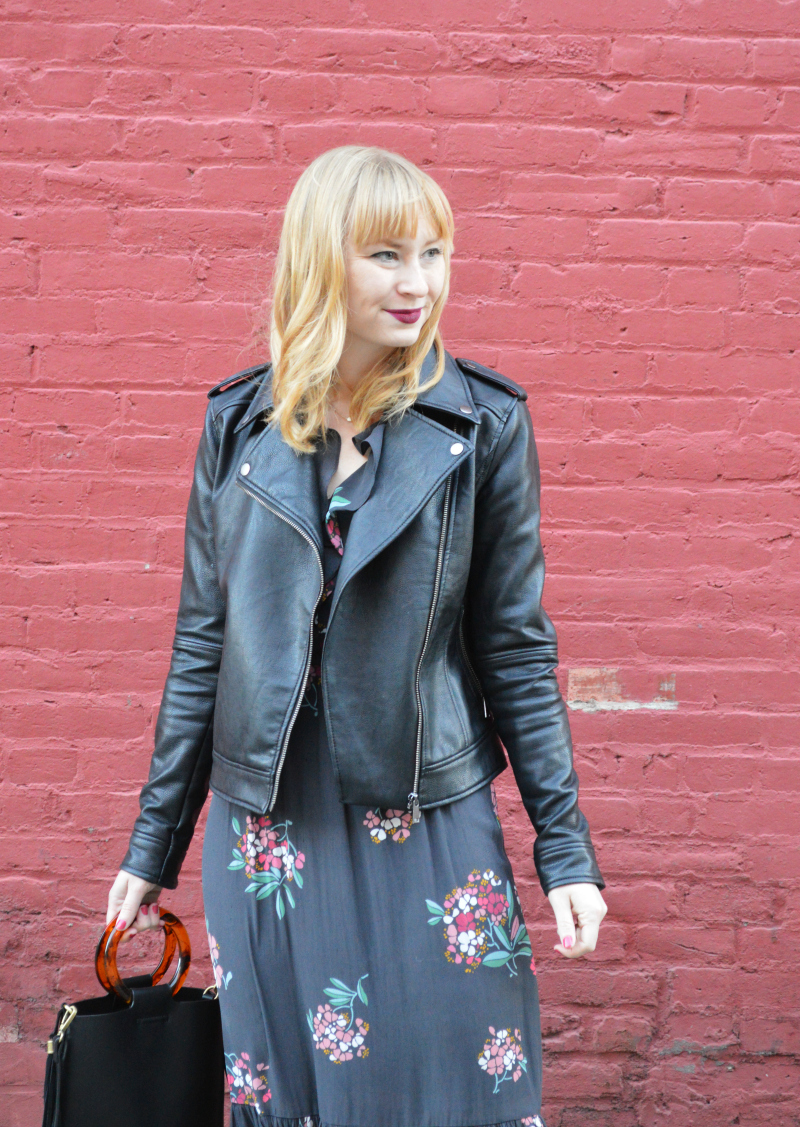 gown with leather jacket