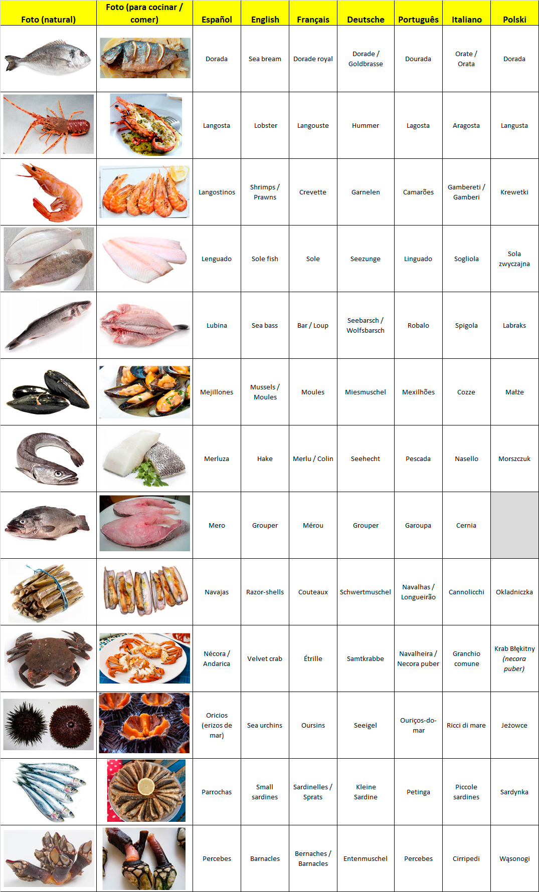 Cocina casera sencilla NOMBRES PESCADOS Y MARISCOS EN ESPAÑOL, INGLÉS