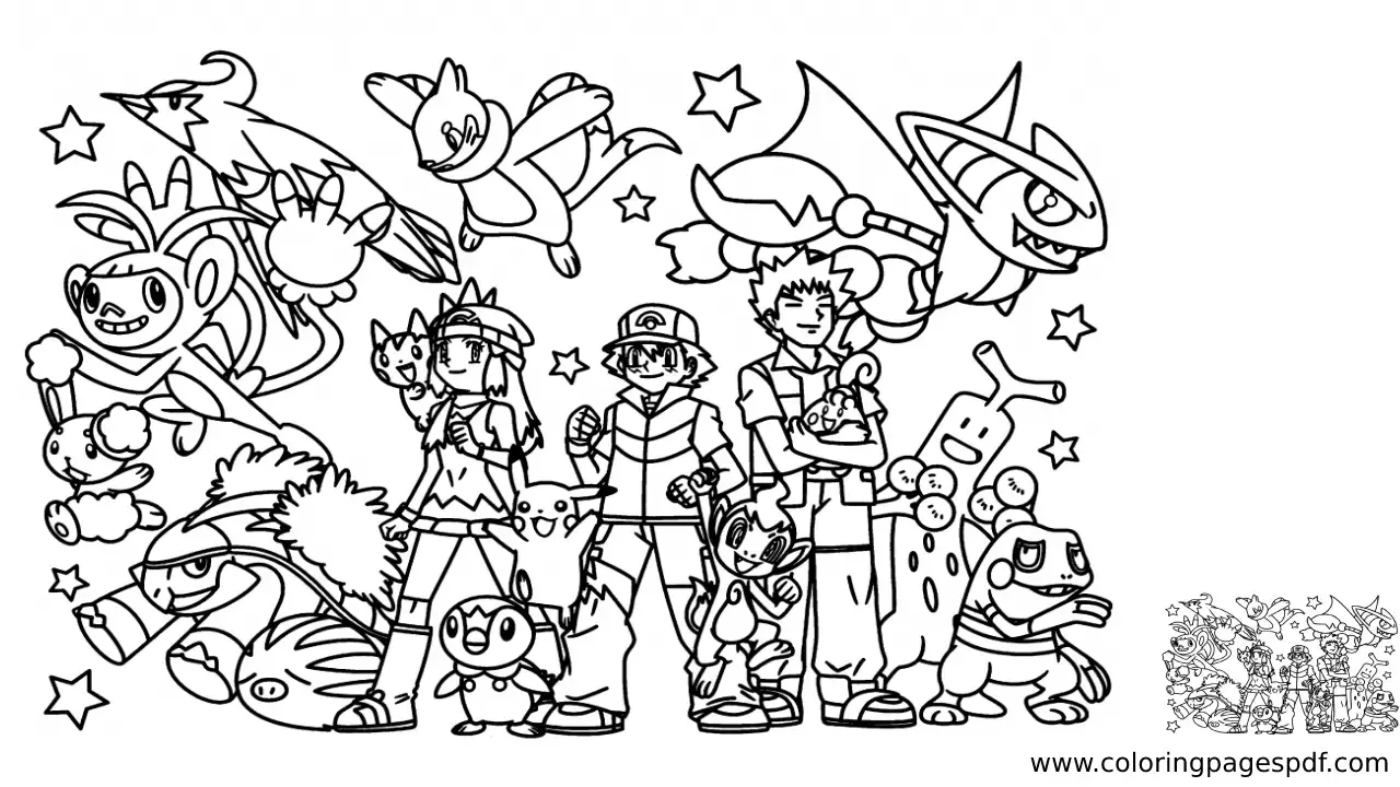 Coloring Page Of Pokémons And Their Trainers