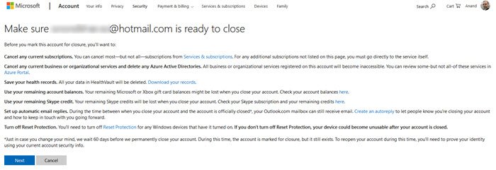 Chiudere l'account di posta elettronica di Outlook.com