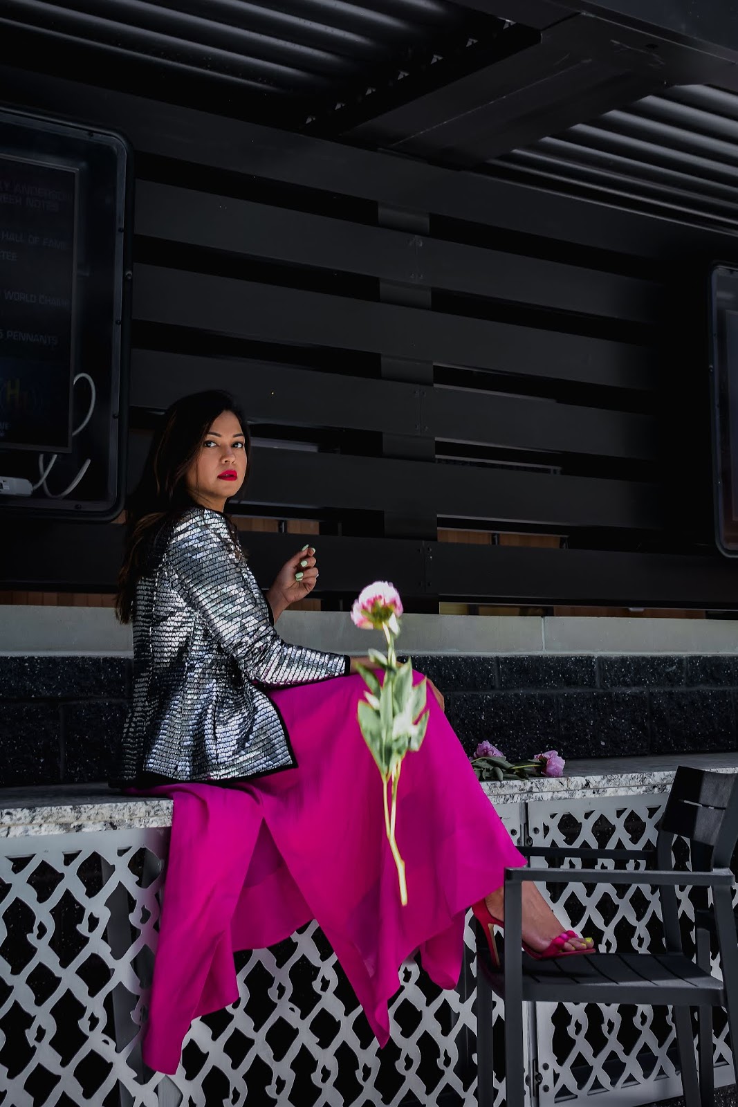 pink on pink outfit, metallic silver jacket, statement party jacket, wedding outfit, wedding guest, portrait photography, dc blogger, street style Hm ponk skirt, myriad musings, saumya shiohare pink on pink outfit, metallic silver jacket, statement party jacket, wedding outfit, wedding guest, portrait photography, dc blogger, street style Hm ponk skirt, myriad musings, saumya shiohare