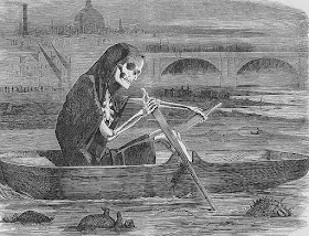 ""The Silent Highwayman, Your Money or Your Life"
Cartoon as commentary on the health of the River Thames and the threat that its water posed to the people of London.
Punch magazine, July, 1858"
