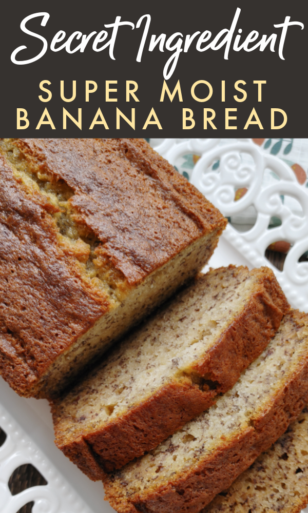 Secret Ingredient SUPER MOIST Banana Bread! The BEST banana bread recipe made incredibly moist by adding a secret ingredient! It may seem odd but once you’ve made it this way, you’ll never make it without it again!