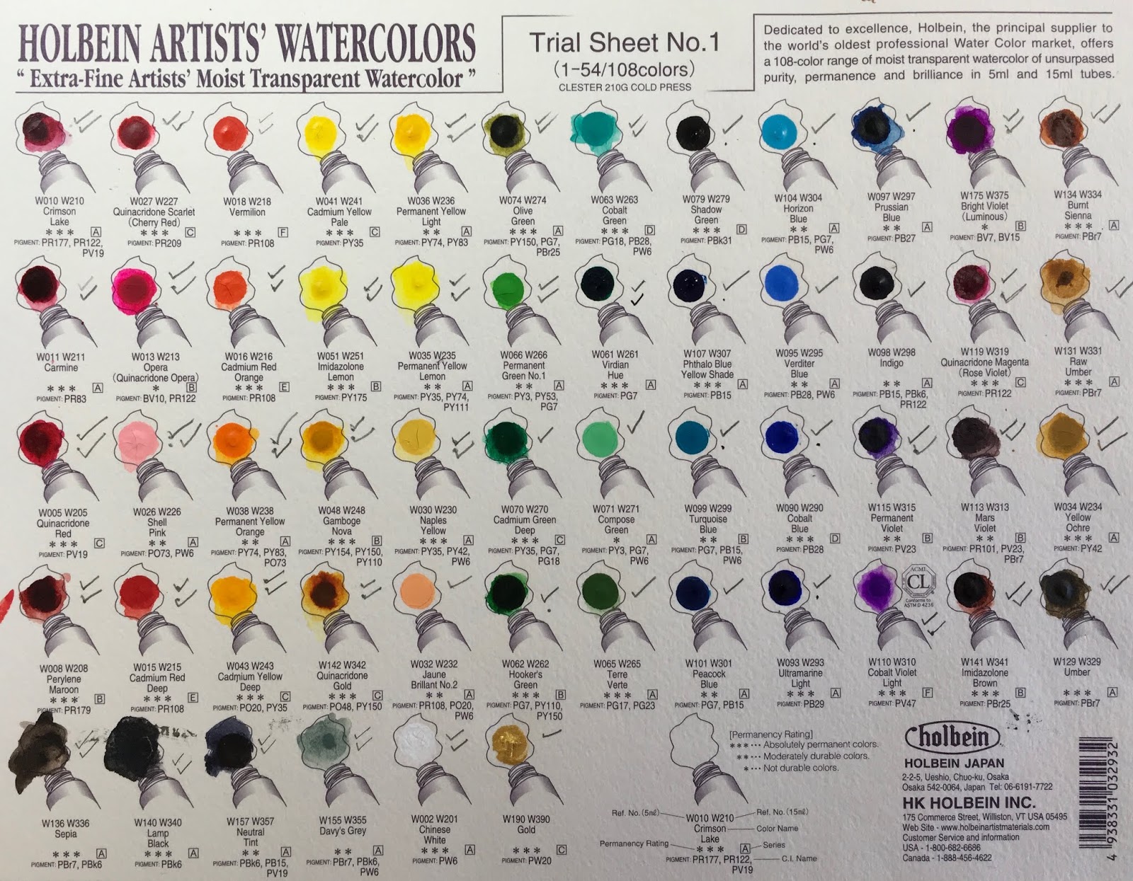 Holbein Watercolor Paints Color Chart