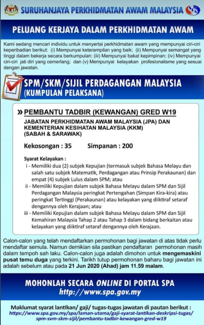 235 Kekosongan Jawatan Sebagai Pembantu Tadbir Kewangan W19 Jpa Kkm Appjawatan Malaysia