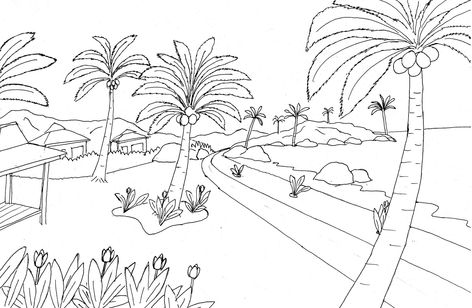 Kumpulan Mewarnai Sketsa Gambar Pemandangan Gunung Dan Sawah - Desain